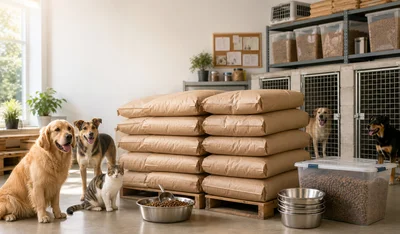 Paletten mit neutral verpacktem Tierfutter für deutsche Großhandelsplanung